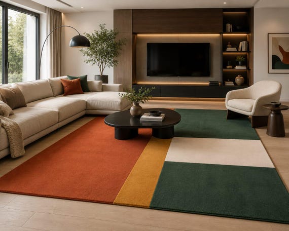 Handmade Wool Color Block Rug, Modern Geometric Tufted Carpet, Rust Orange Gold Green Ivory
