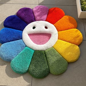 Colorful Rainbow Flower Rug – Soft Tufted Floor Mat, Smiley Face Plush Carpet, Kids Room Decor, Playroom Accent, Kawaii Home Gift Idea