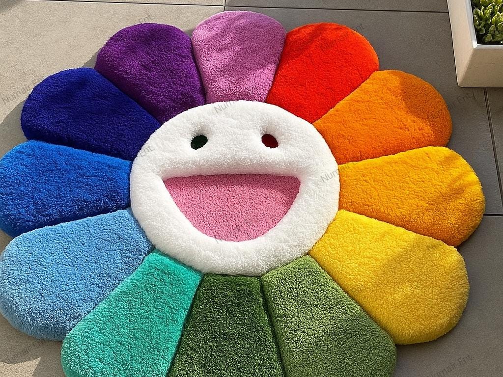 Colorful Rainbow Flower Rug – Soft Tufted Floor Mat, Smiley