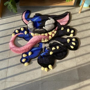 Handmade Tufted Cartoon Monster Rug – Bold Blue Character Rug with 3D Tongue Design – Playful Art Rug for Kids Room, Bedroom or Gaming Decor