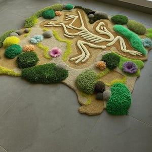 Dinosaur Fossil Tufted Rug, tufted custom rug,grass carpet, fluffy rug, 3d skeleton rug, 3d carpet, living room carpet, bedroom decor rug