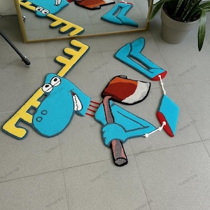 Funny Moose Cartoon Rug – Blue Character with Axe | Unique Handmade Tufted Rug | Cool Decor for Bedroom, Living Room, or Game Room