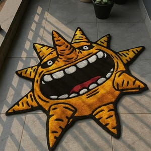 Funny Cartoon Sun Rug – Handmade Tufted Yellow Sunburst Rug for Kids Room, Playroom, or Nursery Decor, 3D fluffy tufted rug, gift for her
