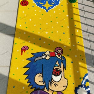 Handmade Tufted Anime Rug – Colorful Cartoon Character Carpet with Yellow Background, Blue Hair Boy & Playful Design – Kawaii Home Decor Mat