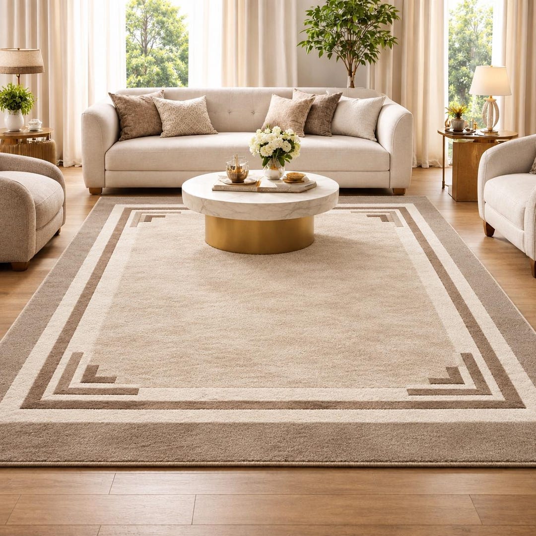 Handtufted Beige Area Rug, Modern Border Carpet, Neutral Minimalist Rug ...