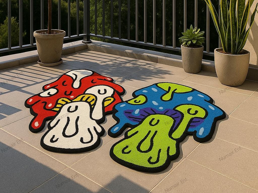 Handmade Trippy Mushroom Rug,dripping Cartoon Style Tufted Rug, Bold ...