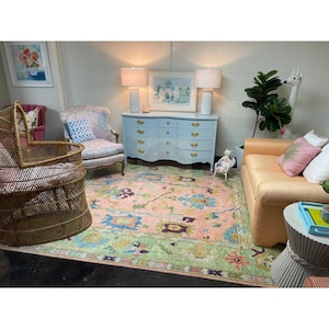Handmade Oushak Turkish Rug Vintage Style Wool Area Rug (6x9, 8x10, 9x12, 10x15) – Soft Pastel Pink, Green & Blue, Living Room, Bedroom