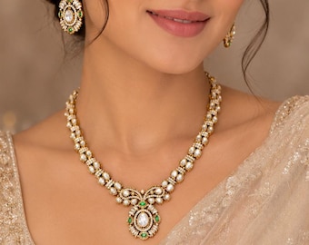 Antique Kundan Polki Necklace Set with Emerald  Stones & AD Work - Bridal Jewelry