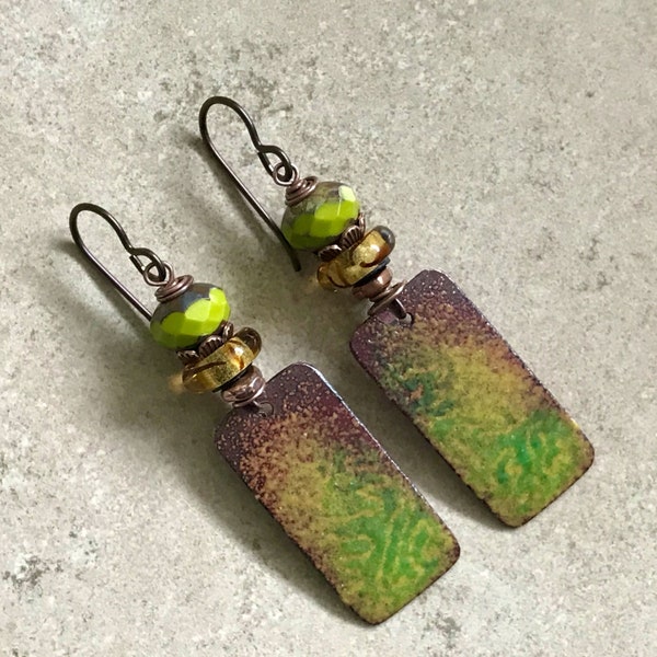 Lime Green Rectangle Earrings, Torch Fired Enamel, Hand Cut Copper, Colorful, Tortoise Shell Rings, Aged Copper, Rustic Metal Earrings