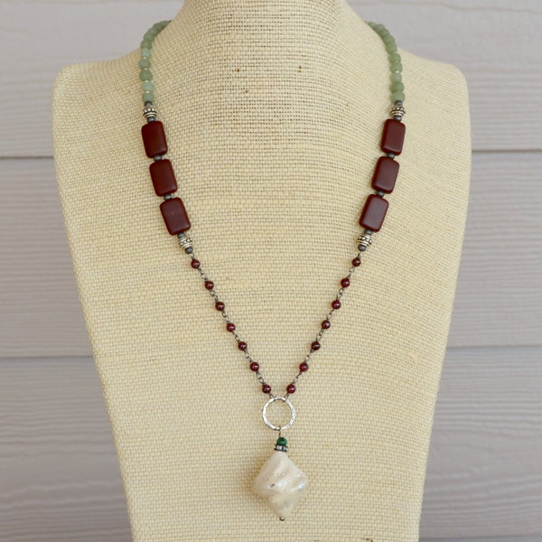 Ceramic Art Bead Organic Shell Pendant, Garnet Stone Chain, Merlot Glass, Recycled Glass Trade Beads, Silver Accents 20 Inch Unique Necklace