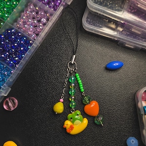 Frog Phone Charm, Keychain, Beaded Accessory, Green Yellow Orange