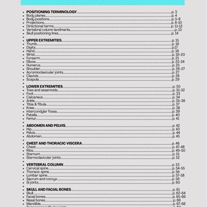May include: A detailed table of contents from a medical textbook, featuring anatomical terms and page numbers. The title "TABLE OF CONTENTS" is at the top, with sections like "POSITIONING TERMINOLOGY" and "SKULL AND FACIAL BONES".