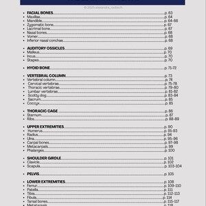 May include: A medical textbook page titled "TABLE OF CONTENTS" with a dark blue header. The content lists anatomical sections including facial bones, auditory ossicles, vertebral column, and upper extremities. Page numbers are provided.