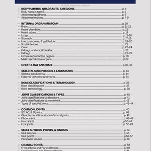 May include: A medical textbook page with the title "TABLE OF CONTENTS" in a dark blue header. The content lists anatomical topics including internal organs, bone classifications, and joint types. The page number is 2.