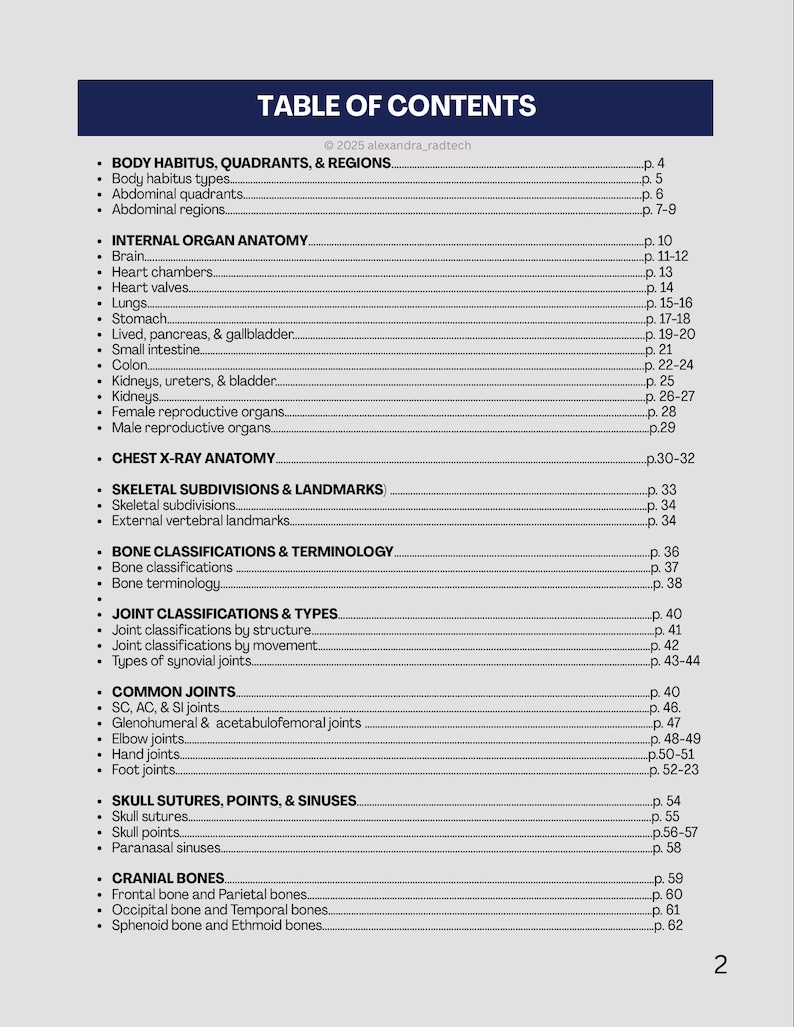 May include: A medical textbook page with the title "TABLE OF CONTENTS" in a dark blue header. The content lists anatomical topics including internal organs, bone classifications, and joint types. The page number is 2.