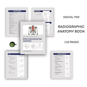 Könnte beinhalten: Ein digitales PDF-Anatomiebuch mit dem Titel "Basic Radiographic Anatomy" mit 118 Seiten. Das Cover zeigt eine Skelettillustration. Andere Seiten zeigen anatomische Diagramme und das Inhaltsverzeichnis. Der Text "Digital PDF" und "Radiographic Anatomy Book" sind ebenfalls sichtbar.