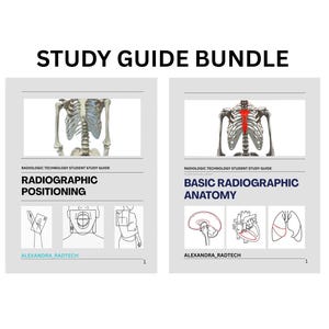 Könnte beinhalten: Ein Studienführer-Bundle mit zwei Führern. Der erste Führer trägt den Titel "Radiographic Positioning" und enthält Illustrationen. Der zweite Führer trägt den Titel "Basic Radiographic Anatomy" und enthält anatomische Diagramme. Der Text "STUDY GUIDE BUNDLE" steht oben.