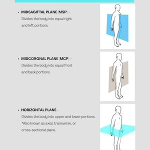 May include: Anatomy diagram showing body planes. The image features three diagrams of a human figure with planes dividing the body into sections. Text includes "BODY PLANES", "MIDSAGITTAL PLANE", "MIDCORONAL PLANE", and "HORIZONTAL PLANE".