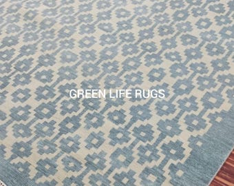 8x10 9x12 10x14 Vintage Inspired Oushak Rug l Turkish Kilim l Blue and Cream Handwoven Area Carpet for Living Room