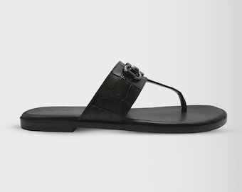 Men's Black Leather Thong Slippers | Croc Embossed, Silver Buckle