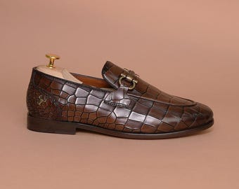 Men's Brown Croc Embossed Loafers - Piel Cuero Genuine Leather Shoes