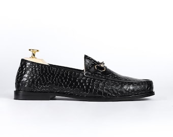 Piel Cuero Black Croc-Embossed Genuine Leather Horsebit Loafers - Men's Slip-On Dress Shoes