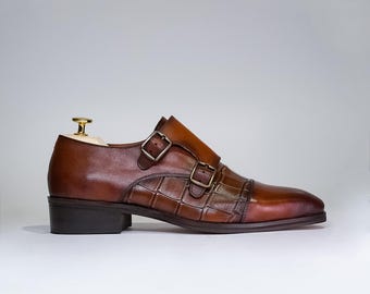 Piel Cuero Men's Brown Genuine Leather Double Monk Strap Shoes
