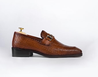 Handcrafted Woven Leather Horsebit Loafers for Men