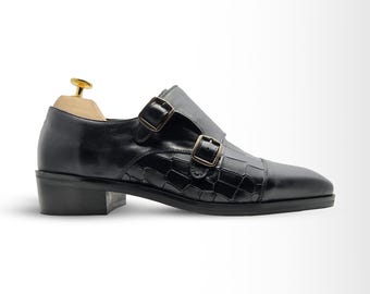Men's Black Double Monk Strap Shoes | Crocodile-Embossed Leather