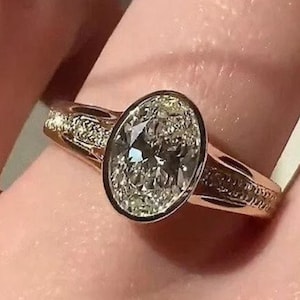 2CT Oval Lab Grown Engagement Ring Bezel Set Split Shank Wedding Band Unique Ring Anniversary Gift for Love Solitaire Bridal Ring For Her