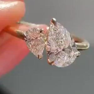 Pear Cut Lab Grown Diamond Toi Et Moi Wedding Ring Two Stone Diamond Ring Pear Shaped Promise Ring for Women 14K Yellow Gold Ring For Women