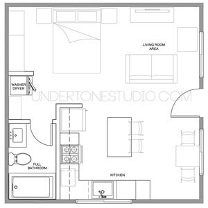 May include: A black and white architectural floor plan of a studio flat. The layout includes a full bathroom, kitchen, living room area, and bedroom. The website undertonestudio.com is visible in the image.