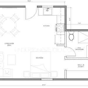 Peut inclure: Plan d'étage architectural en noir et blanc d'un petit appartement. L'aménagement comprend un salon, une cuisine, une chambre, une salle de bain complète et un dressing. Les dimensions sont indiquées en pieds et en pouces, la taille totale étant de 7,75 m sur 5,49 m.