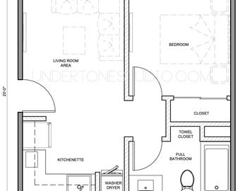 Pode incluir: Planta arquitetônica de um pequeno apartamento, com sala de estar, cozinha compacta, quarto, banheiro completo e armário. A planta é rotulada com nomes de cômodos e dimensões, com um tamanho total de 6,1 metros por 6,1 metros.