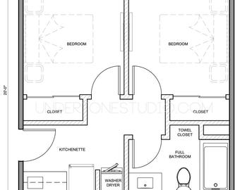 Pode incluir: Planta arquitetônica de um apartamento de dois quartos. O plano inclui uma kitchenette, banheiro completo, armários e máquina de lavar/secar. As dimensões são 6,1 metros por 6,1 metros.