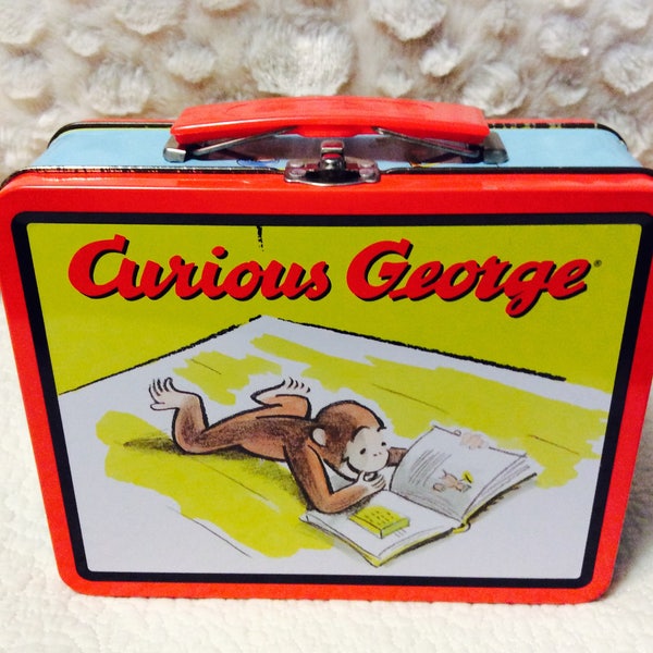 Vintage Curious George Lunch Box Metal Tin Monkey Book