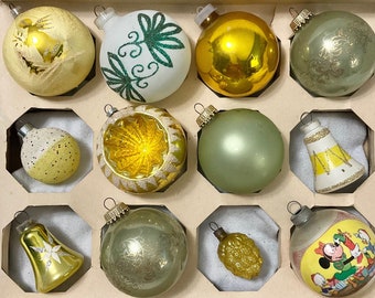 Vintage Mercury Glass Ornament Set of 12 Poland Shiny Brite West Germany Yellow Green Flocked Stencil Bell Indent Bumpy 14