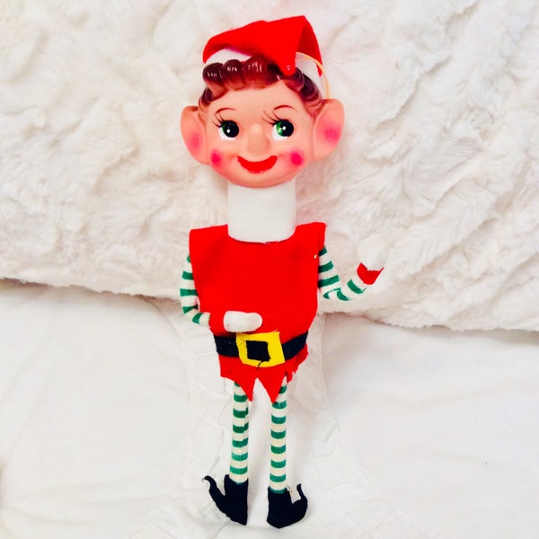 Vintage Knee Hugger Elf Ornament Made in Japan Red with Green Stripe Bell Shelf Japan 1960s