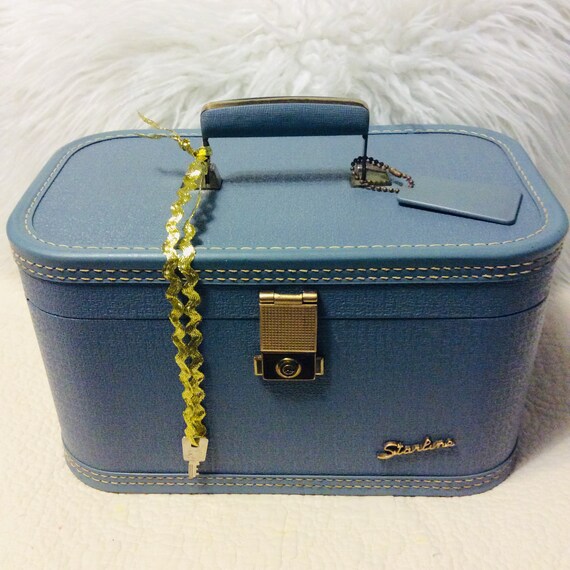 Vintage 1950s Blue Train Case Suitcase With Key by Starline Travel