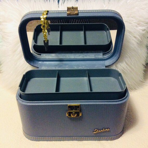 Vintage 1950s Blue Train Case Suitcase With Key by Starline Travel