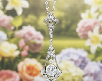 Art Deco Vintage Pendant, Antique Pendant Necklace, Round Moissanite Edwardian Pendant, Art Deco Pendant Necklace, Antique Wedding Pendant