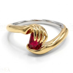 Unique Hand Holding Ruby Ring, Emerald Cut Red Gemstone Wrap Ring, Two-Tone Gold Sculptural Hand Ring, Abstract Artistic Statement Ring