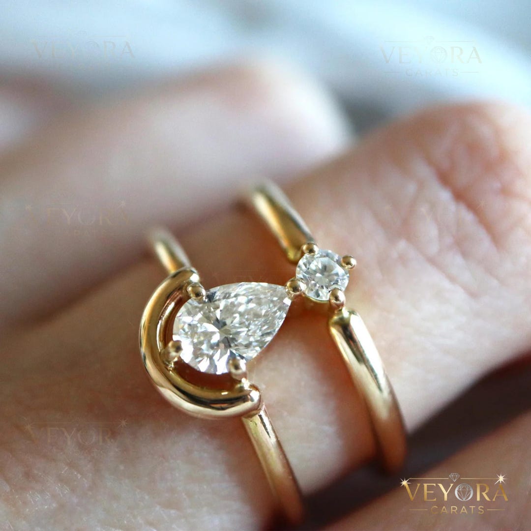 14K Solid Gold Pear & Round Diamond Ring | Unique Double Band ...