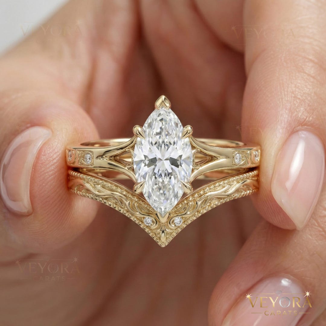 Marquise Moissanite Engagement Ring Set, 14K Gold Vintage Art Deco ...