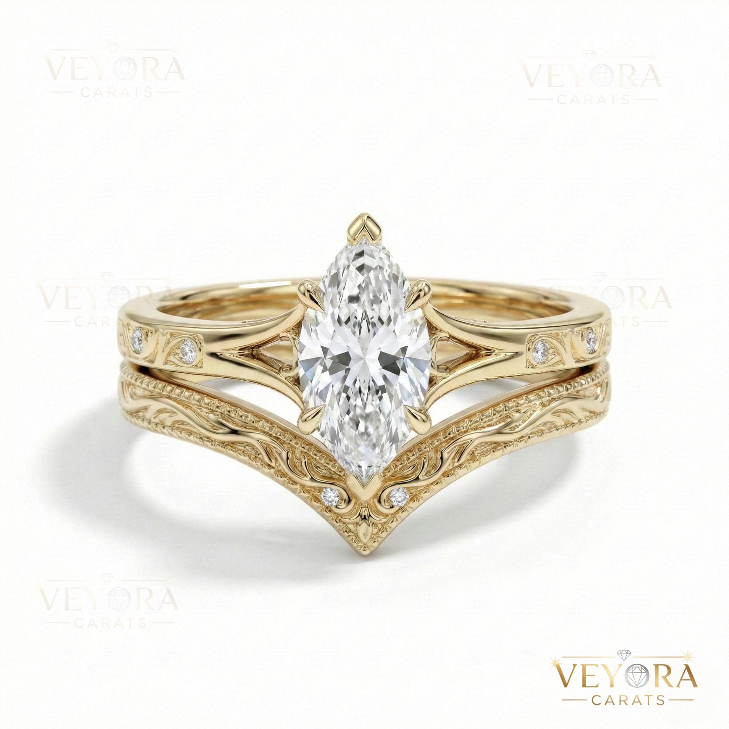 Marquise Lab Grown Diamond Ring Set, 14K Gold Vintage Engraved Wedding ...