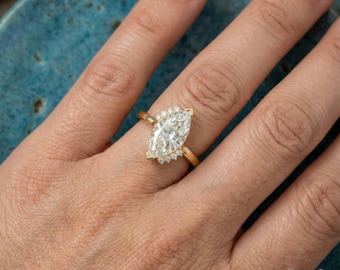 Asymmetrical Marquise Moissanite Engagement Ring, 14k Gold Cluster Wedding Ring