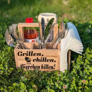 Cutlery basket, cutlery box, grill butler, barbecue gift, barbecue party, gift for men, dad, BBQ, wood, personalized, club logo, crest