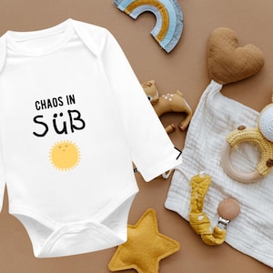 Baby bodysuit “Chaos in Sweet” – Funny romper with sun – Gift for birth or baby shower – Long-sleeved bodysuit made of organic cotton
