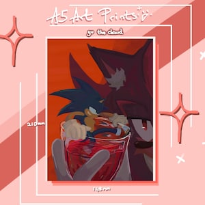 May include: A5 art print featuring a digital illustration of two cartoon characters, one blue and one dark red, embracing over a red drink. The print is 210mm high and 148mm wide, with the text "yu the cloud".