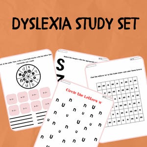 May include: A dyslexia study set featuring multiple worksheets. The worksheets include exercises such as matching images, circling letters, and solving math problems. The text "DYSLEXIA STUDY SET" is at the top of the image.